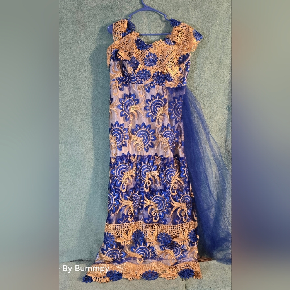 Handmade Blue and Gold Lace Floral African Dress